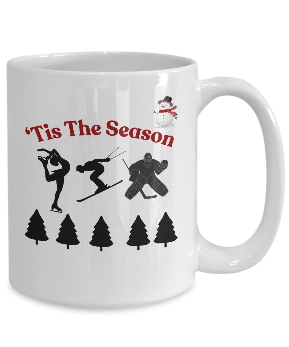 Winter theme ceramic coffee mug, 'Tis the season, frosty morning cup, holiday season mug, winter gift idea, christmas gift, cozy winter cup, winter sports gift idea