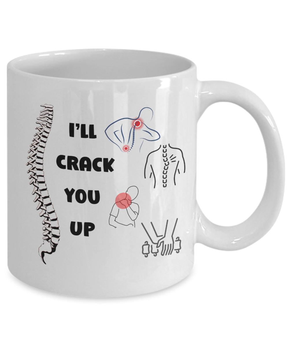 I'll crack you up ceramic coffee mug, funny chiropractor mug, spine adjuster mug, spine doctor, funny chiro cup, back specialist, unique medical gifts