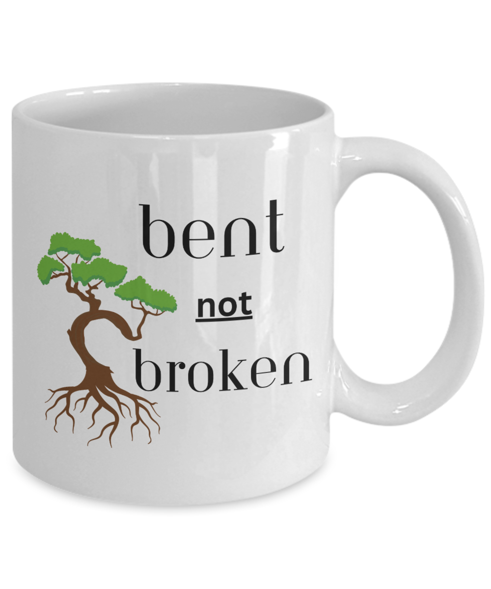 Resilience ceramic coffee mug, bent not broken, positive affirmation, strength mug, self care gift, recovery support gift, healing gift idea