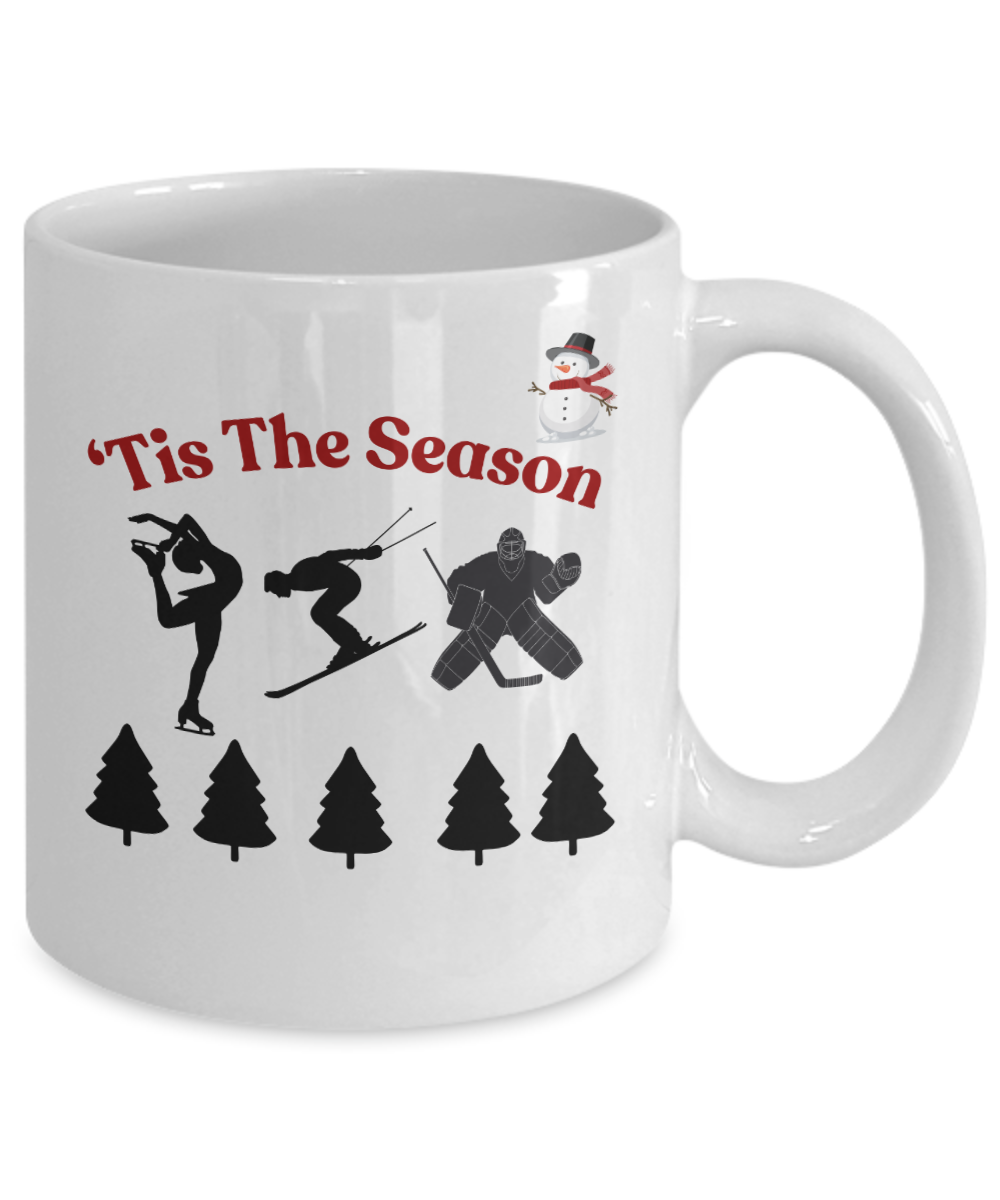 Winter theme ceramic coffee mug, 'Tis the season, frosty morning cup, holiday season mug, winter gift idea, christmas gift, cozy winter cup, winter sports gift idea