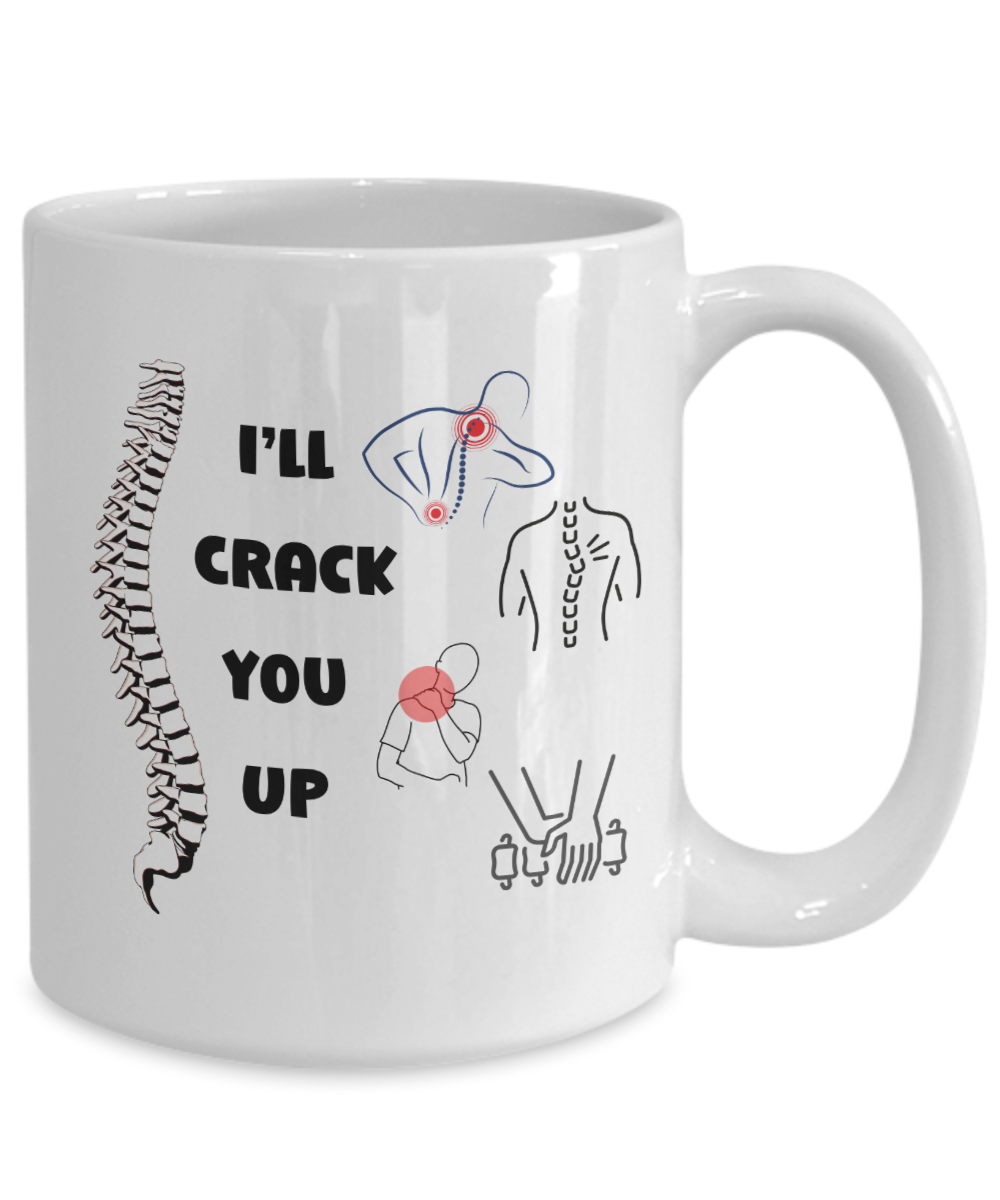 I'll crack you up ceramic coffee mug, funny chiropractor mug, spine adjuster mug, spine doctor, funny chiro cup, back specialist, unique medical gifts