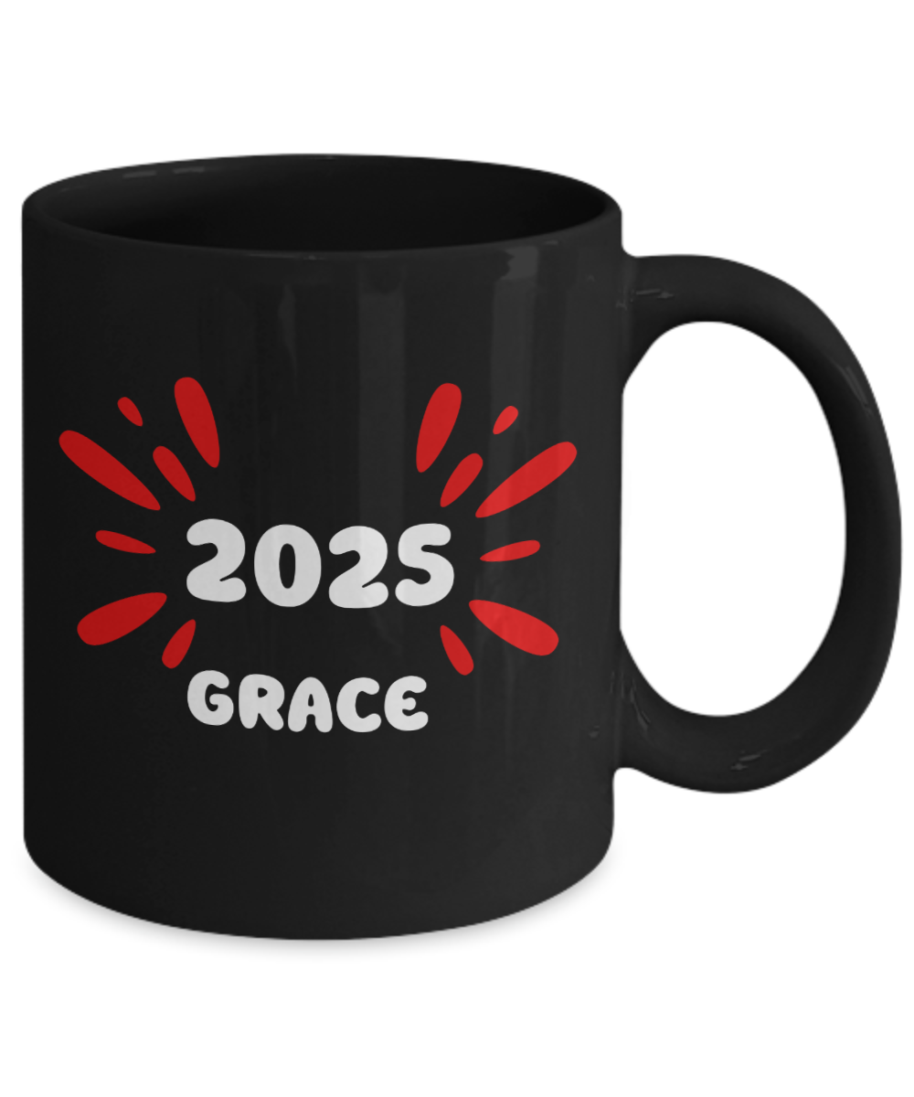 2025 Grace ceramic coffee mug, coffee lover gift, stylish coffee cup, 2025 trendy cup, celebrate 2025, exclusive grace cup, elegant design mug, office gifts, black mug