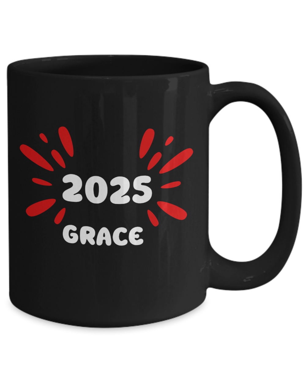 2025 Grace ceramic coffee mug, coffee lover gift, stylish coffee cup, 2025 trendy cup, celebrate 2025, exclusive grace cup, elegant design mug, office gifts, black mug