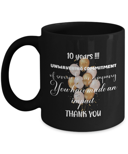 Office gift - 10 year anniversary ceramic coffee mug gift, work anniversary, career milestone, employee gift, staff recognition, job achievement, 3 years of work acknowledgement, corporate gift, office mug, black mug