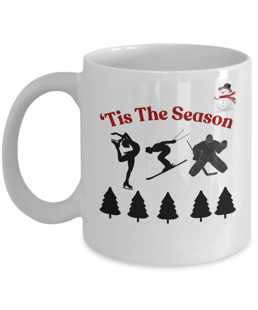 Winter theme ceramic coffee mug, 'Tis the season, frosty morning cup, holiday season mug, winter gift idea, christmas gift, cozy winter cup, winter sports gift idea