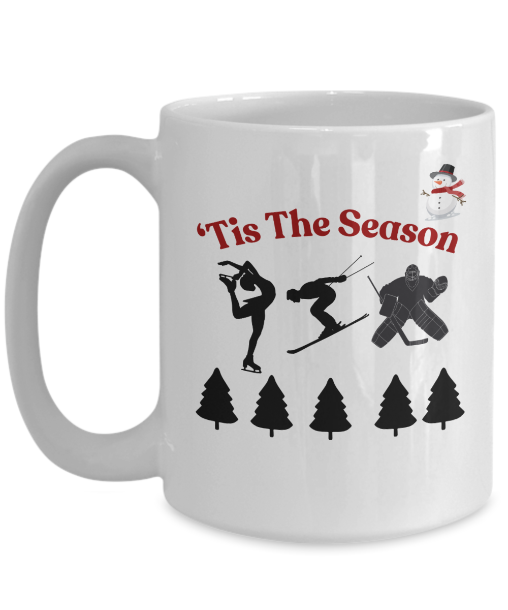 Winter theme ceramic coffee mug, 'Tis the season, frosty morning cup, holiday season mug, winter gift idea, christmas gift, cozy winter cup, winter sports gift idea