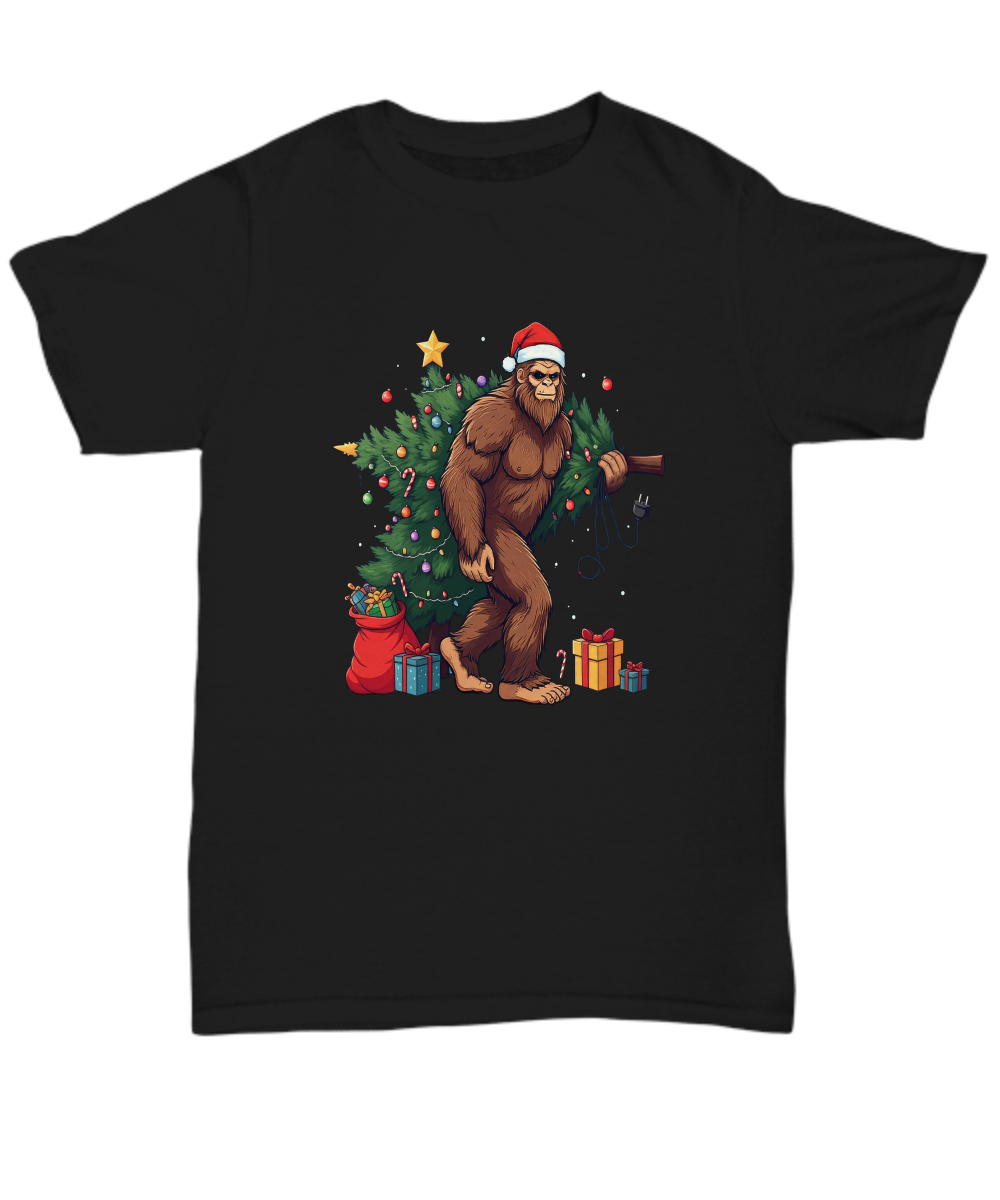 Quirky festive unisex holiday t shirt big foot christmas stocking stuffer