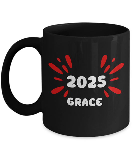 2025 Grace ceramic coffee mug, coffee lover gift, stylish coffee cup, 2025 trendy cup, celebrate 2025, exclusive grace cup, elegant design mug, office gifts, black mug