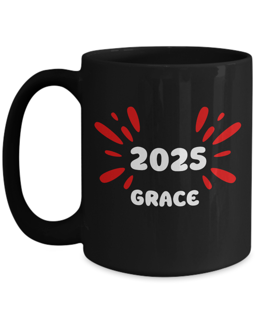 2025 Grace ceramic coffee mug, coffee lover gift, stylish coffee cup, 2025 trendy cup, celebrate 2025, exclusive grace cup, elegant design mug, office gifts, black mug