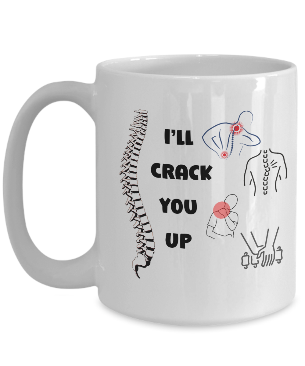 I'll crack you up ceramic coffee mug, funny chiropractor mug, spine adjuster mug, spine doctor, funny chiro cup, back specialist, unique medical gifts