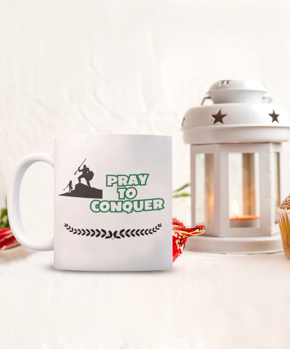 Pray to conquer ceramic coffee mug, Christian mug, motivational gift, faith-based gift, gift for pastor, gift for believer, spiritual gift, spiritual warfare cup, daily reminder