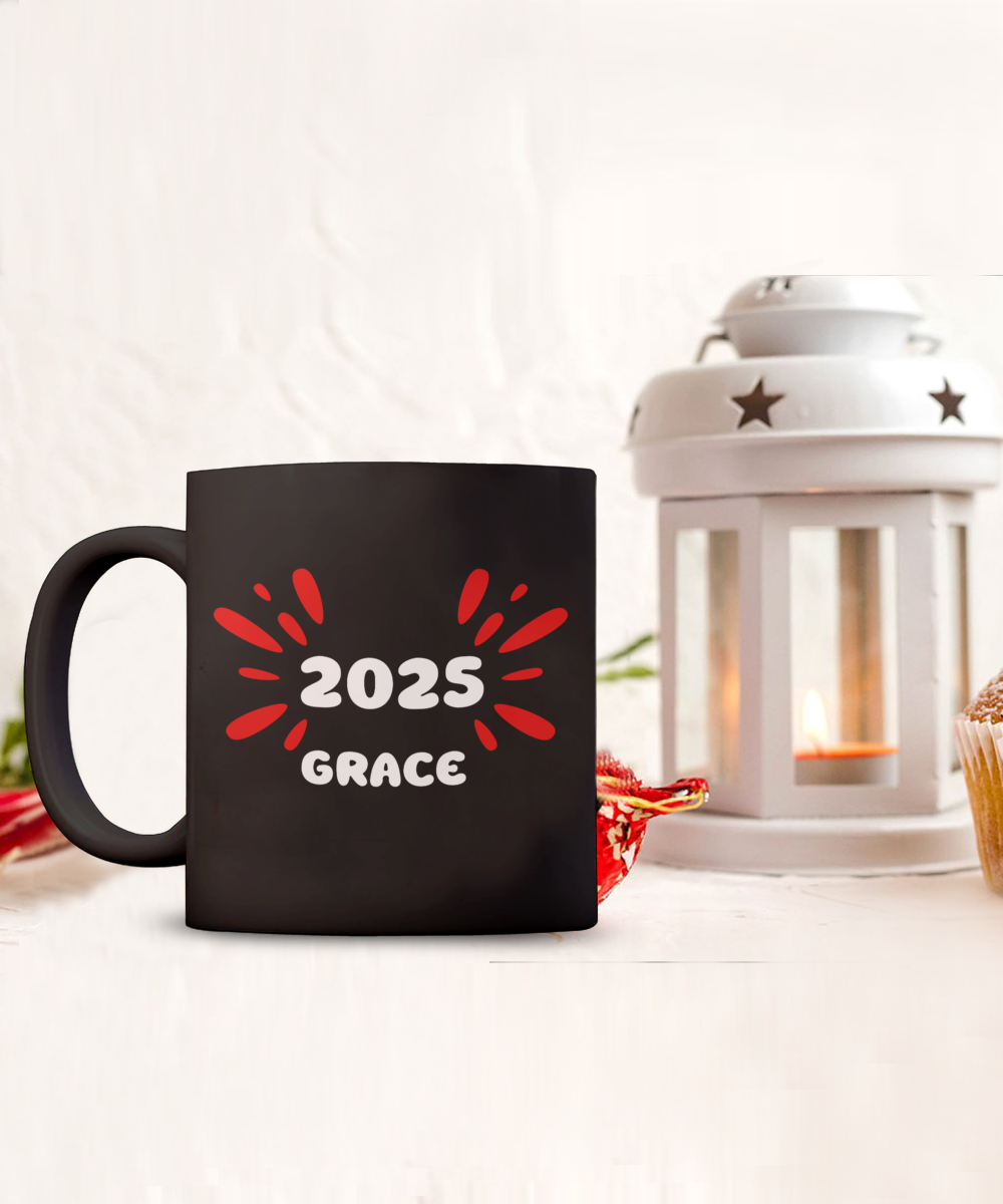 2025 Grace ceramic coffee mug, coffee lover gift, stylish coffee cup, 2025 trendy cup, celebrate 2025, exclusive grace cup, elegant design mug, office gifts, black mug