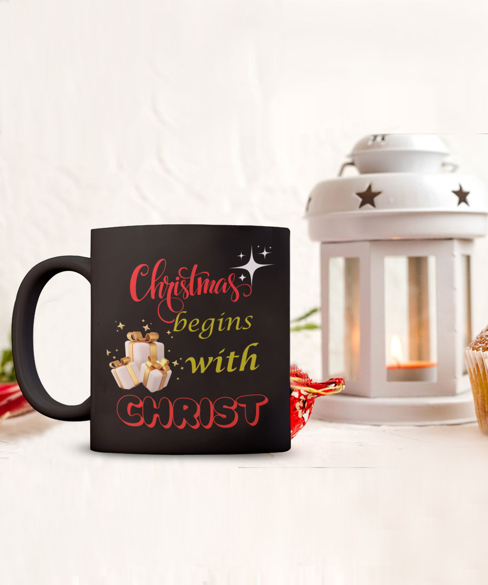 Christmas begins with Christ ceramic mug, stocking stuffer, beautiful gift idea