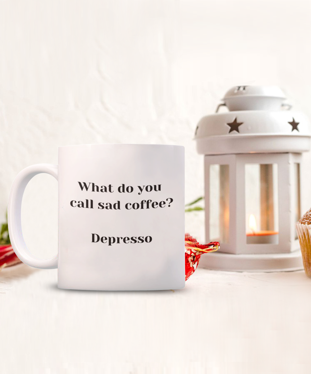 Fun ceramic coffee mugs, depresso, custom mugs, random stuff, large coffee mug, novelty mugs,  get well soon, pun coffee mug, unique coffee mugs, coffee mug, coffee cups