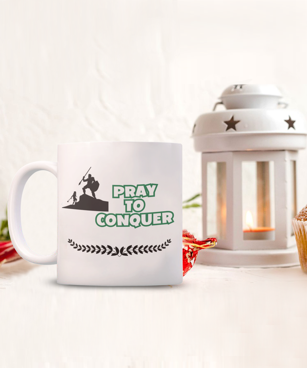 Pray to conquer ceramic coffee mug, Christian mug, motivational gift, faith-based gift, gift for pastor, gift for believer, spiritual gift, spiritual warfare cup, daily reminder