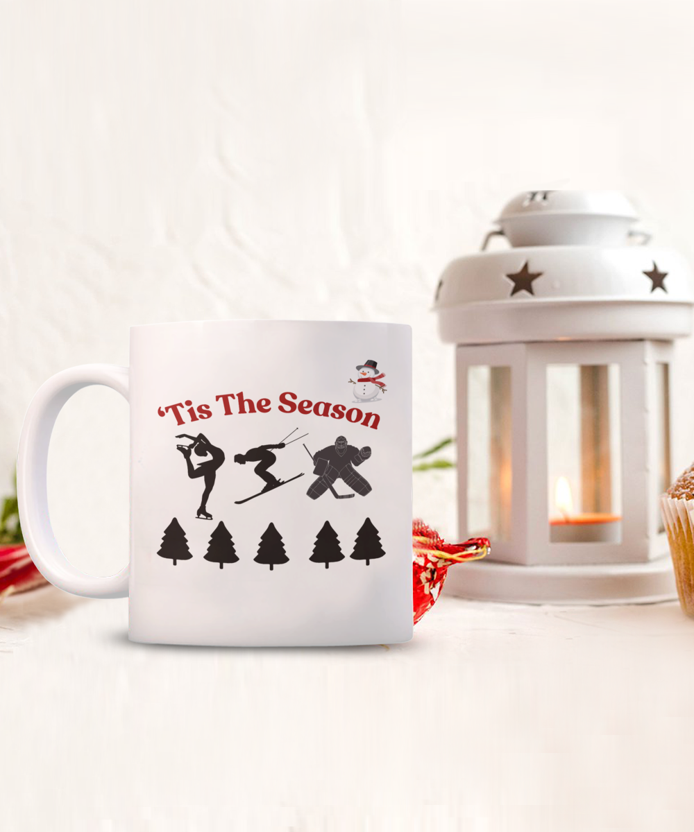 Winter theme ceramic coffee mug, 'Tis the season, frosty morning cup, holiday season mug, winter gift idea, christmas gift, cozy winter cup, winter sports gift idea