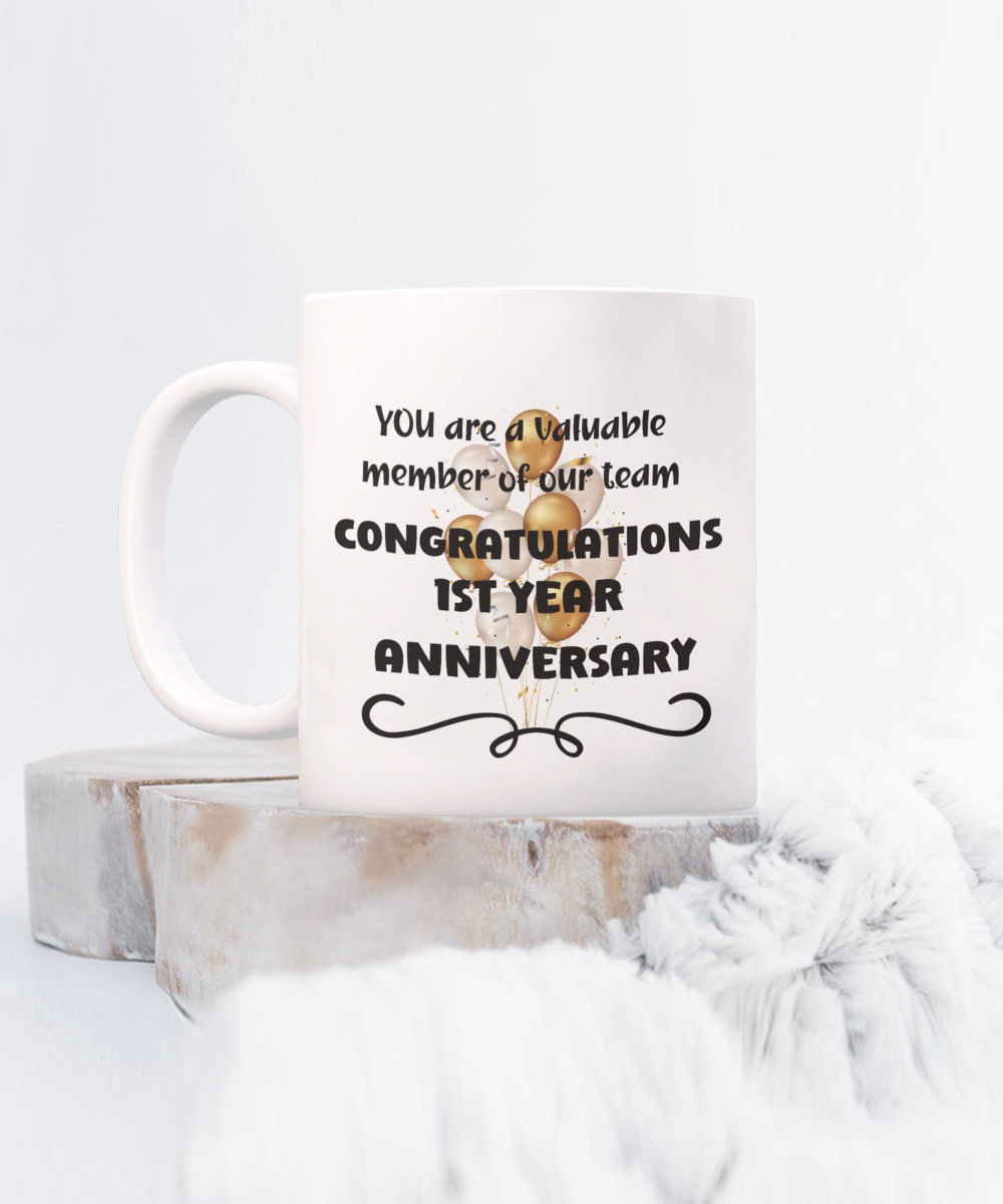 1st year work anniversary ceramic coffee mug, employee gift, office mug, job celebration, one year at job, employee appreciation, 1 year milestone, 1 year employment, workplace anniversary