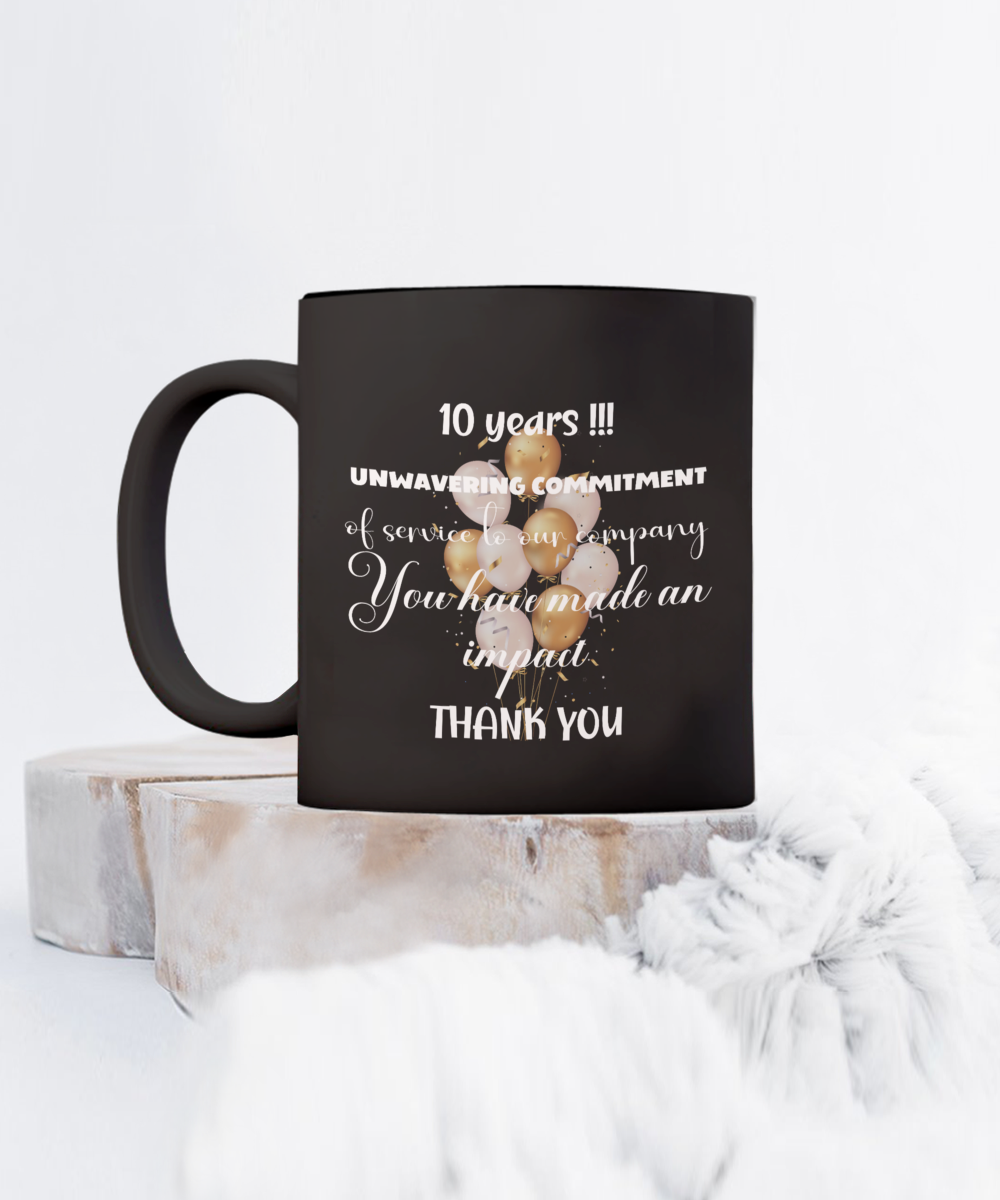 Office gift - 10 year anniversary ceramic coffee mug gift, work anniversary, career milestone, employee gift, staff recognition, job achievement, 3 years of work acknowledgement, corporate gift, office mug, black mug