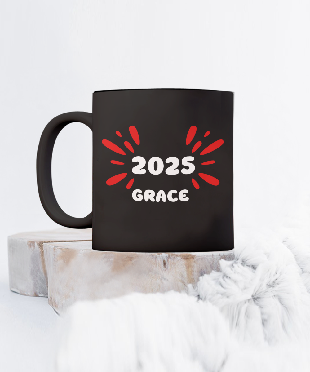 2025 Grace ceramic coffee mug, coffee lover gift, stylish coffee cup, 2025 trendy cup, celebrate 2025, exclusive grace cup, elegant design mug, office gifts, black mug