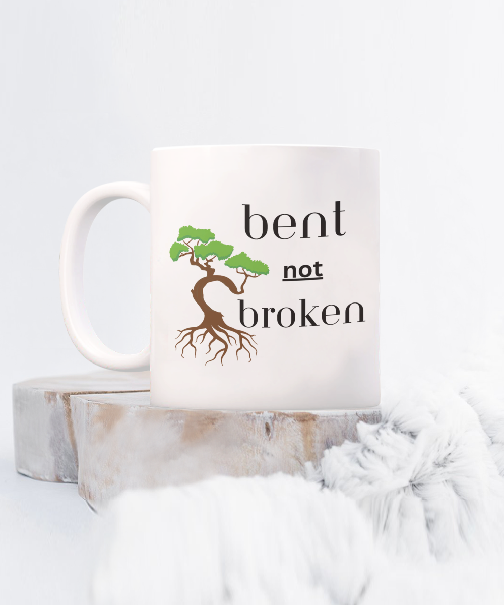 Resilience ceramic coffee mug, bent not broken, positive affirmation, strength mug, self care gift, recovery support gift, healing gift idea