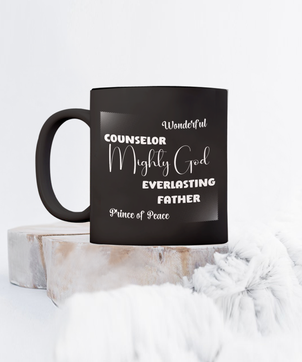 Names of God ceramic coffee mug, Christian mug, Bible verse gift, Scripture mug, faith-based gift, Church gift, Isaiah 9:6-7 Black mug