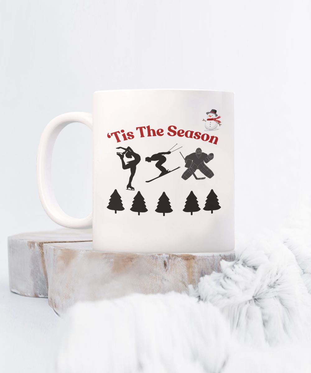 Winter theme ceramic coffee mug, 'Tis the season, frosty morning cup, holiday season mug, winter gift idea, christmas gift, cozy winter cup, winter sports gift idea