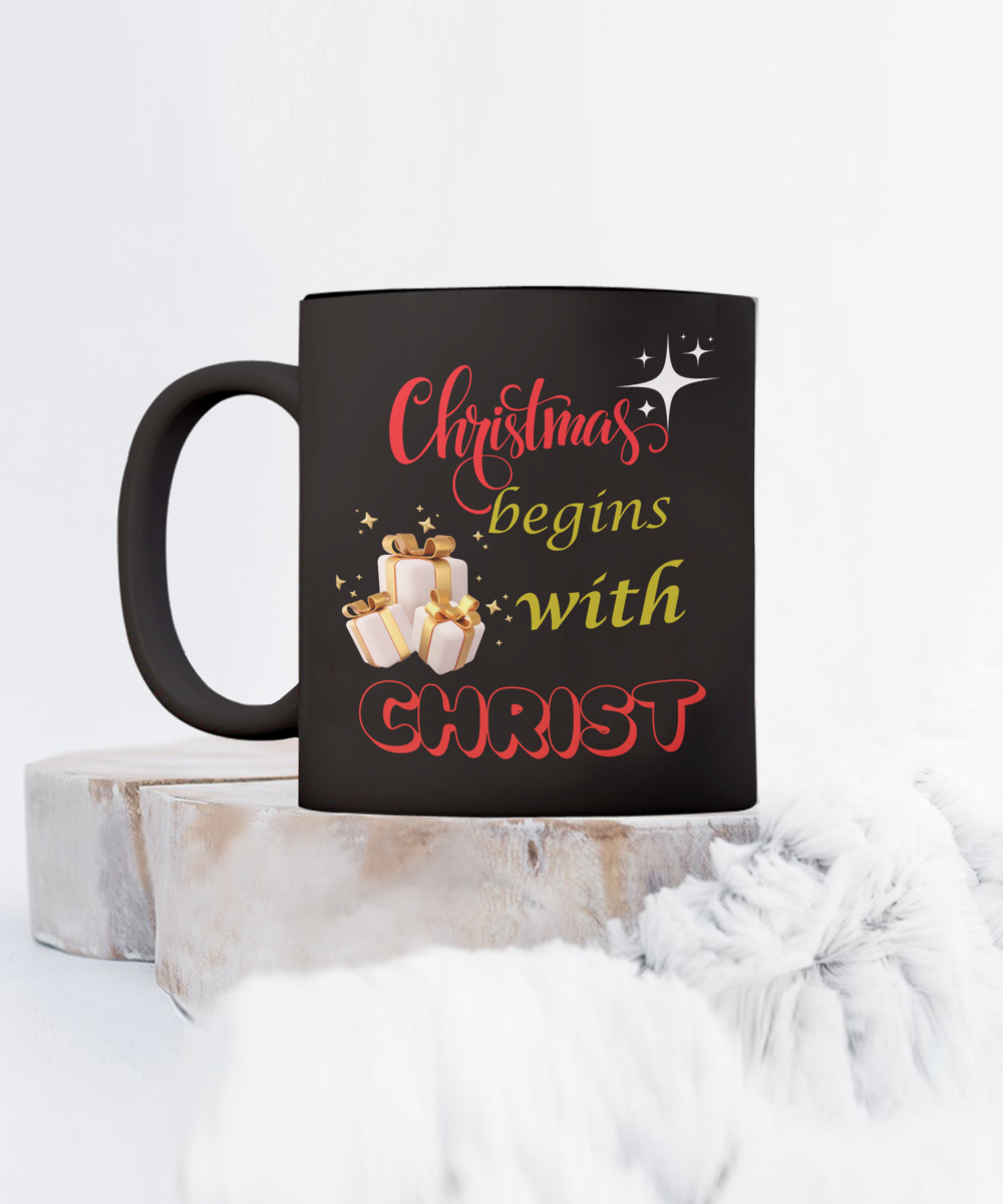 Christmas begins with Christ ceramic mug, stocking stuffer, beautiful gift idea