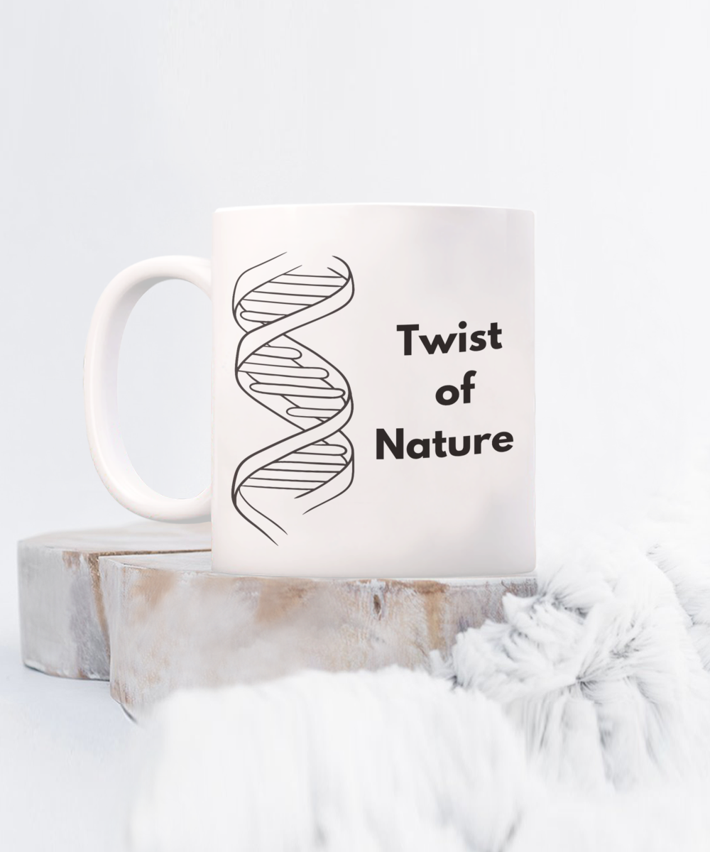 DNA humor ceramic coffee mug| Twist of Nature Mug| Funny science mug| Science theme party favor| Retirement gift| Graduation gift| Biotech novelty item| Lab partner present| Genetics student gift| Gift for biologist