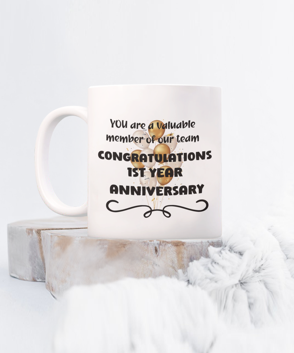 1st year work anniversary ceramic coffee mug, employee gift, office mug, job celebration, one year at job, employee appreciation, 1 year milestone, 1 year employment, workplace anniversary