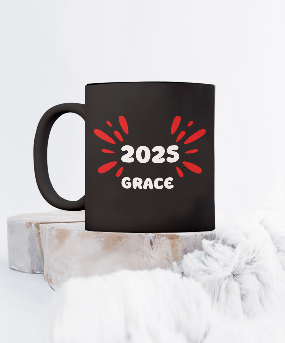 2025 Grace ceramic coffee mug, coffee lover gift, stylish coffee cup, 2025 trendy cup, celebrate 2025, exclusive grace cup, elegant design mug, office gifts, black mug