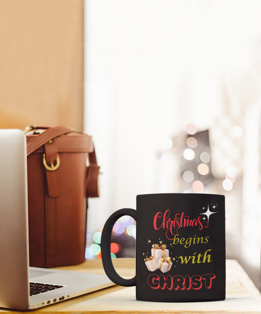 Christmas begins with Christ ceramic mug, stocking stuffer, beautiful gift idea