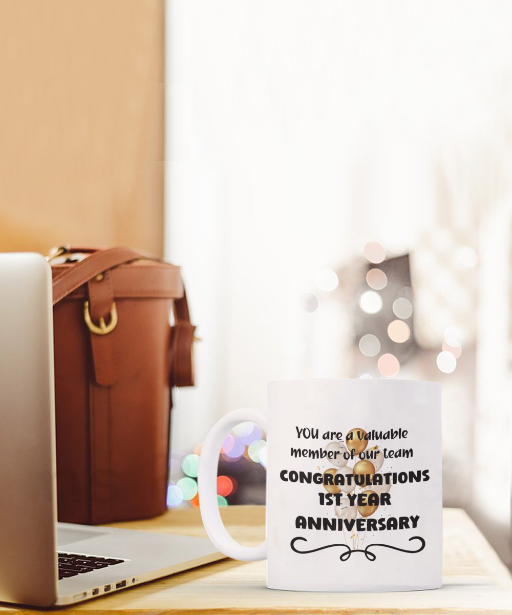 1st year work anniversary ceramic coffee mug, employee gift, office mug, job celebration, one year at job, employee appreciation, 1 year milestone, 1 year employment, workplace anniversary