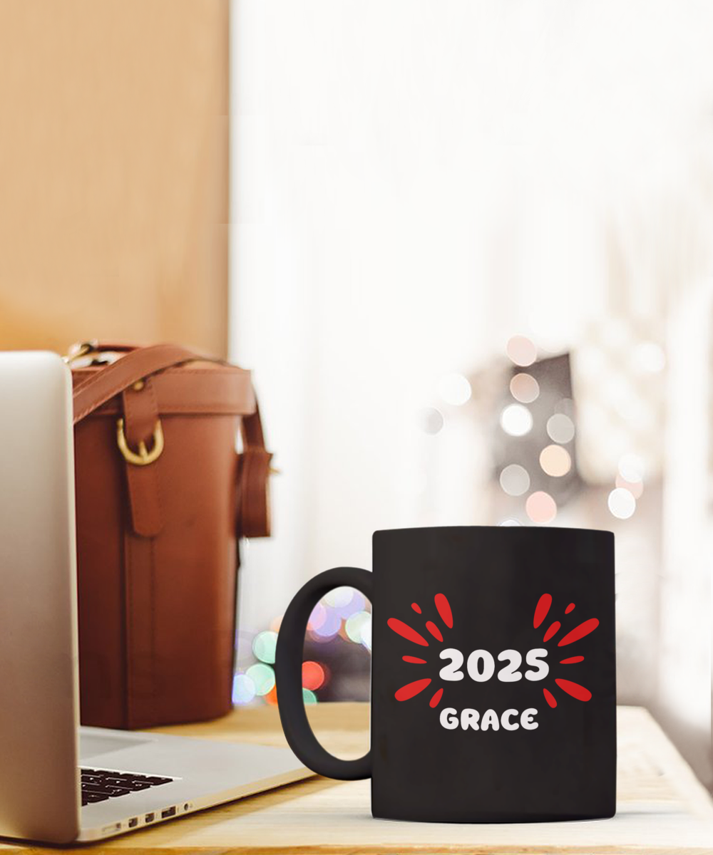 2025 Grace ceramic coffee mug, coffee lover gift, stylish coffee cup, 2025 trendy cup, celebrate 2025, exclusive grace cup, elegant design mug, office gifts, black mug