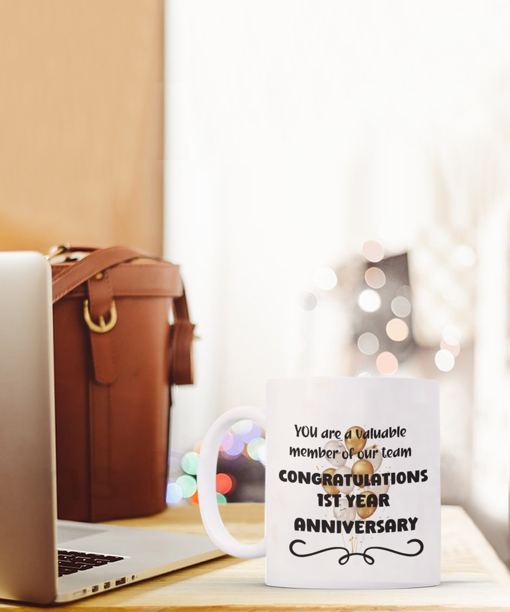 1st year work anniversary ceramic coffee mug, employee gift, office mug, job celebration, one year at job, employee appreciation, 1 year milestone, 1 year employment, workplace anniversary