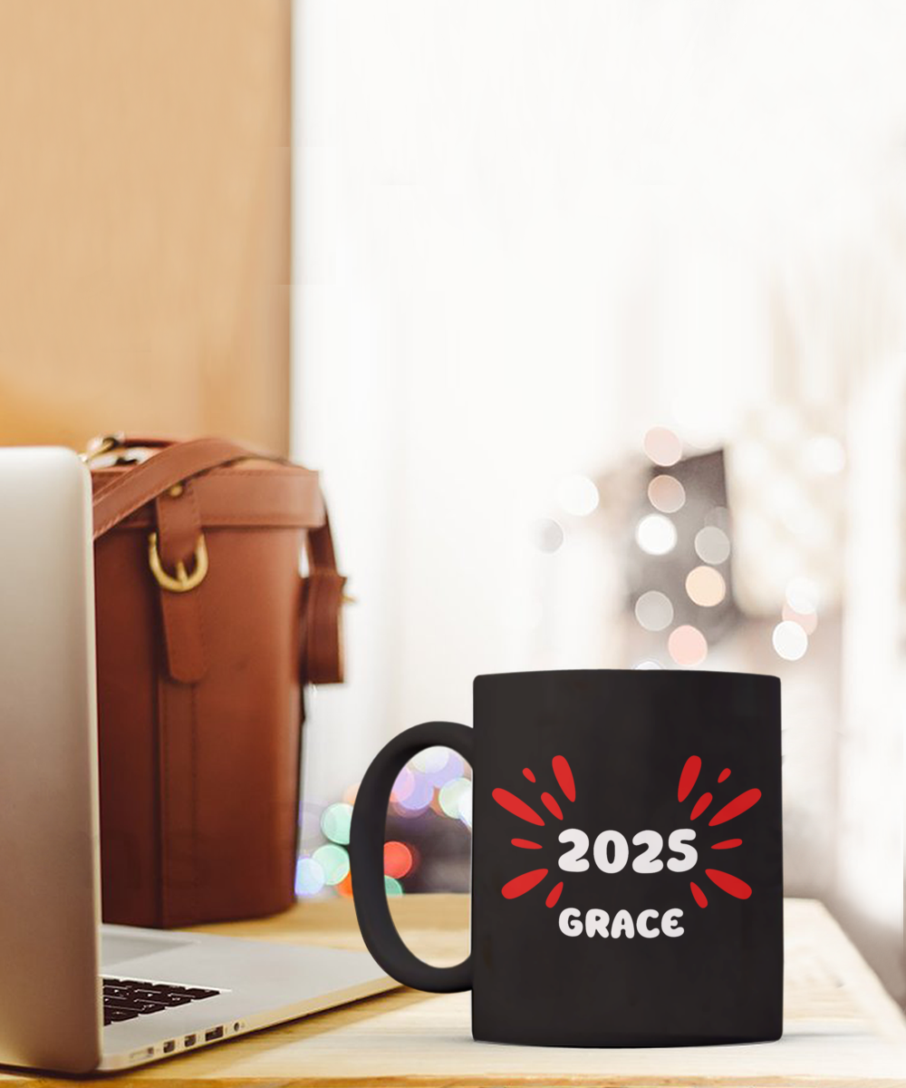 2025 Grace ceramic coffee mug, coffee lover gift, stylish coffee cup, 2025 trendy cup, celebrate 2025, exclusive grace cup, elegant design mug, office gifts, black mug