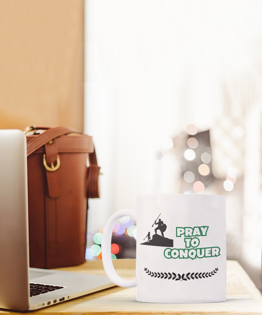 Pray to conquer ceramic coffee mug, Christian mug, motivational gift, faith-based gift, gift for pastor, gift for believer, spiritual gift, spiritual warfare cup, daily reminder