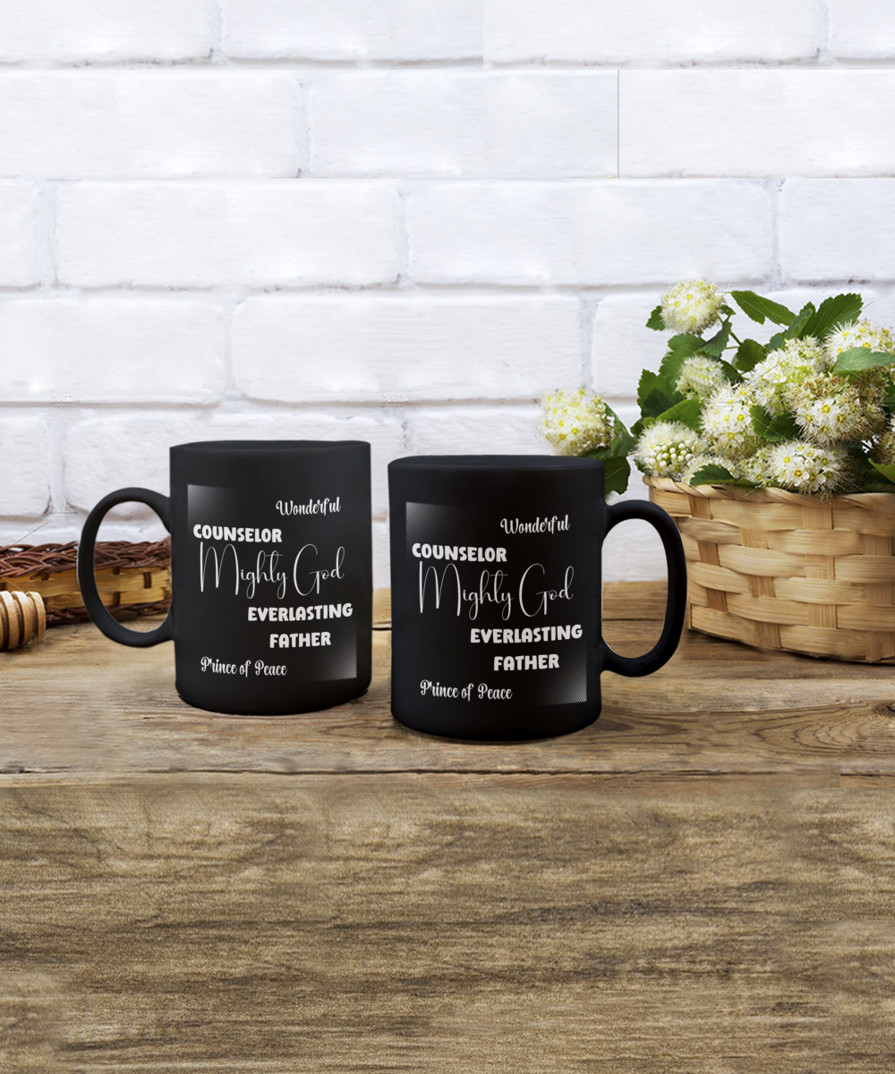 Names of God ceramic coffee mug, Christian mug, Bible verse gift, Scripture mug, faith-based gift, Church gift, Isaiah 9:6-7 Black mug