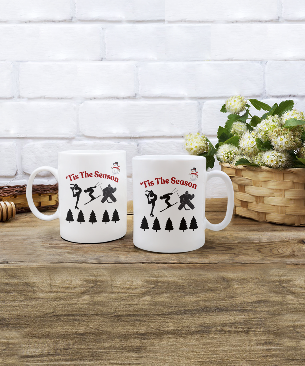 Winter theme ceramic coffee mug, 'Tis the season, frosty morning cup, holiday season mug, winter gift idea, christmas gift, cozy winter cup, winter sports gift idea