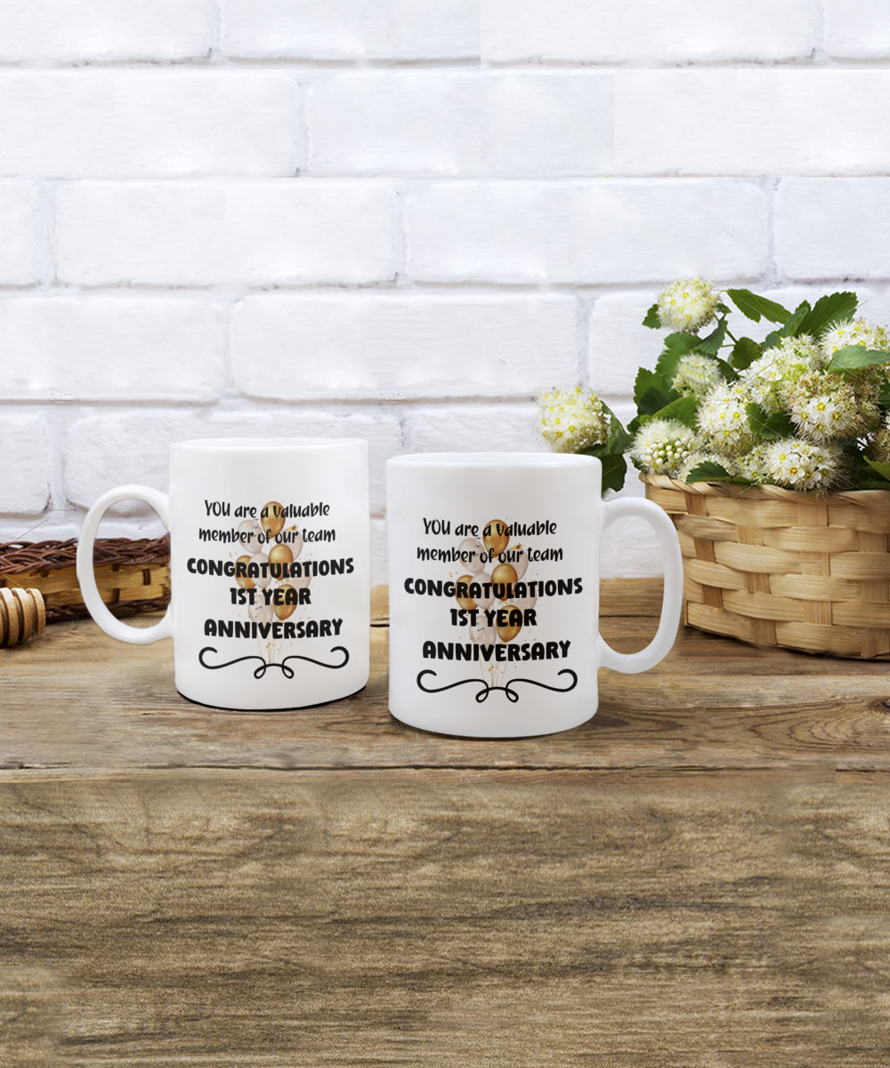 1st year work anniversary ceramic coffee mug, employee gift, office mug, job celebration, one year at job, employee appreciation, 1 year milestone, 1 year employment, workplace anniversary