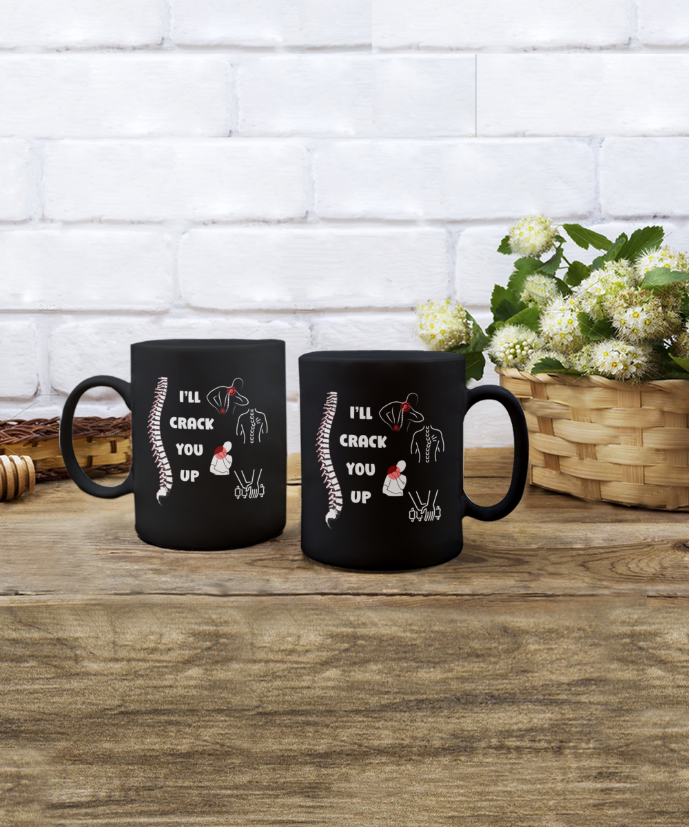 I'll crack you up ceramic coffee mug, funny chiropractor mug, spine adjuster mug, spine doctor, funny chiro cup, back specialist, unique medical gifts black mug