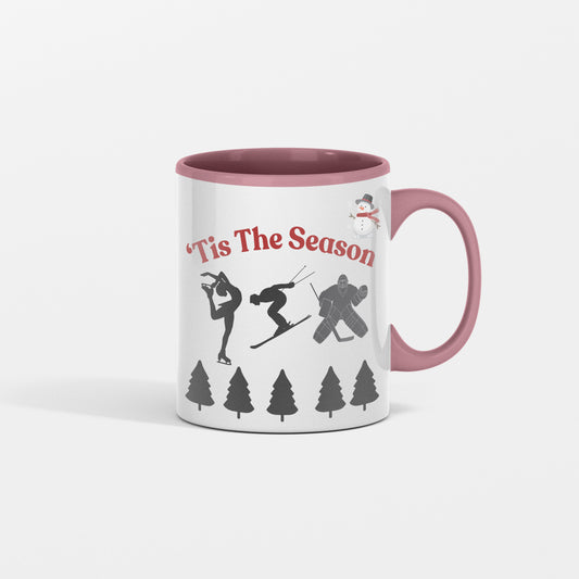 Your new favorite winter mug.  Tis the Season festive ceramic mug celebrating winter (skating, hockey and skiing ) - shipping included