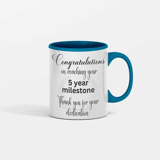 5 year work anniversary. Celebrate your employee with this elegant ceramic coffee mug - shipping included