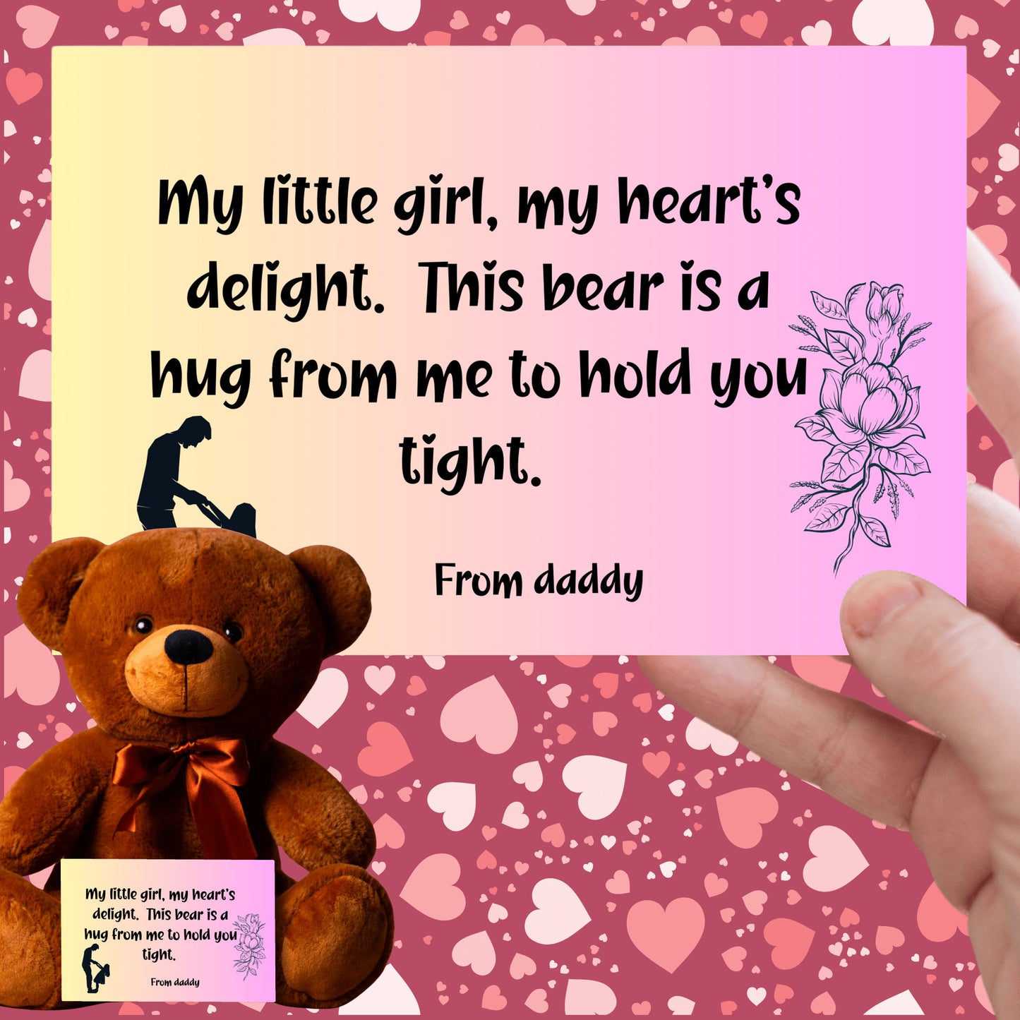 My little girl, my heart's delight.  Premium Plush teddy bear from daddy to daughter, with canvas message card - Free shipping to USA