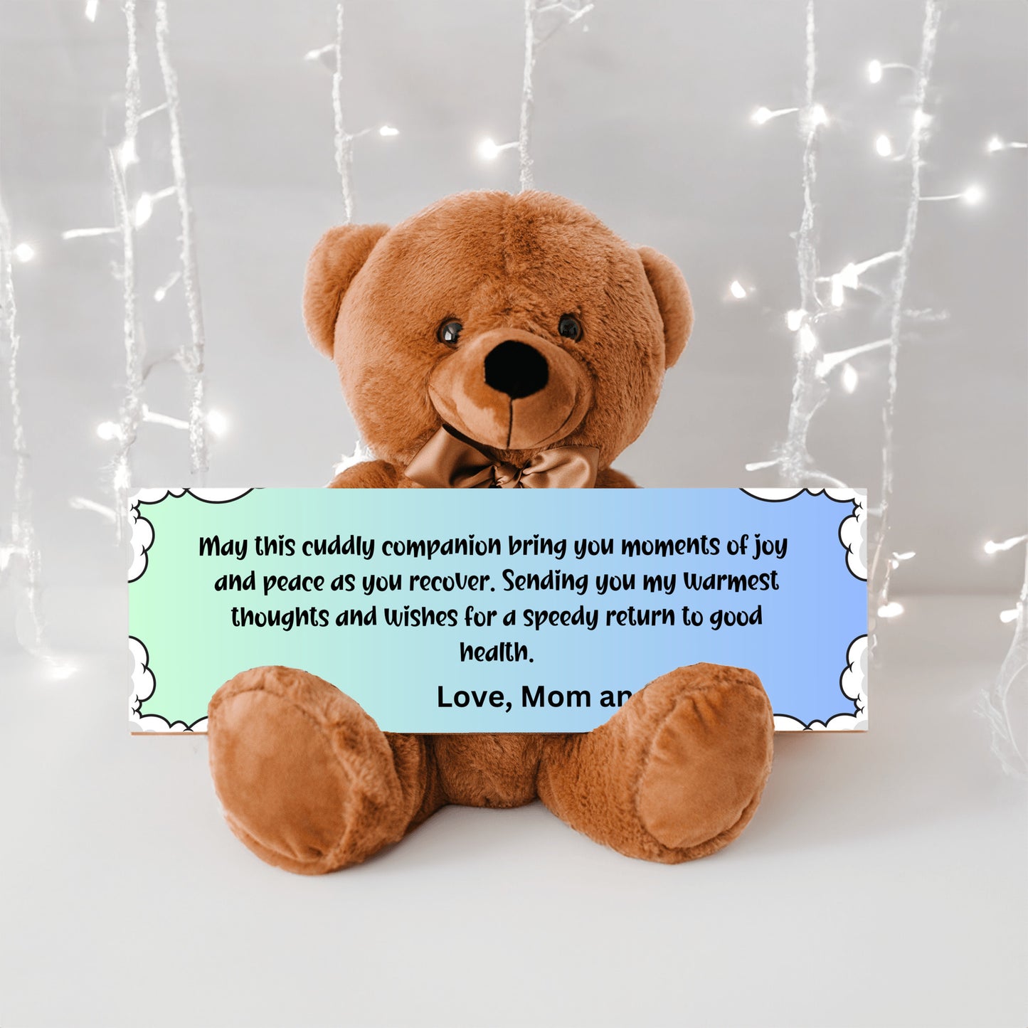 Get Well Soon with this Cuddly Companion Premium Plush Bear, bringing joy and peace from mom and dad- shipping included