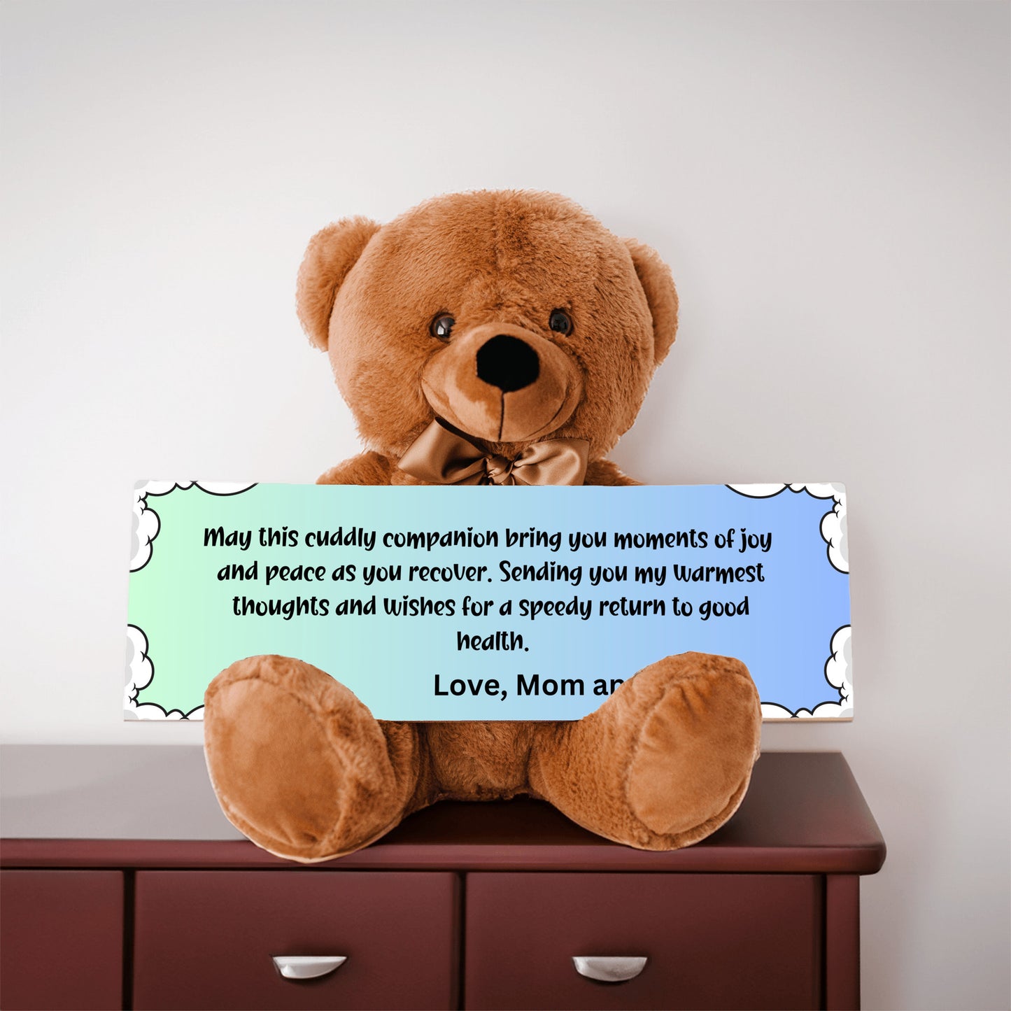 Get Well Soon with this Cuddly Companion Premium Plush Bear, bringing joy and peace from mom and dad- shipping included