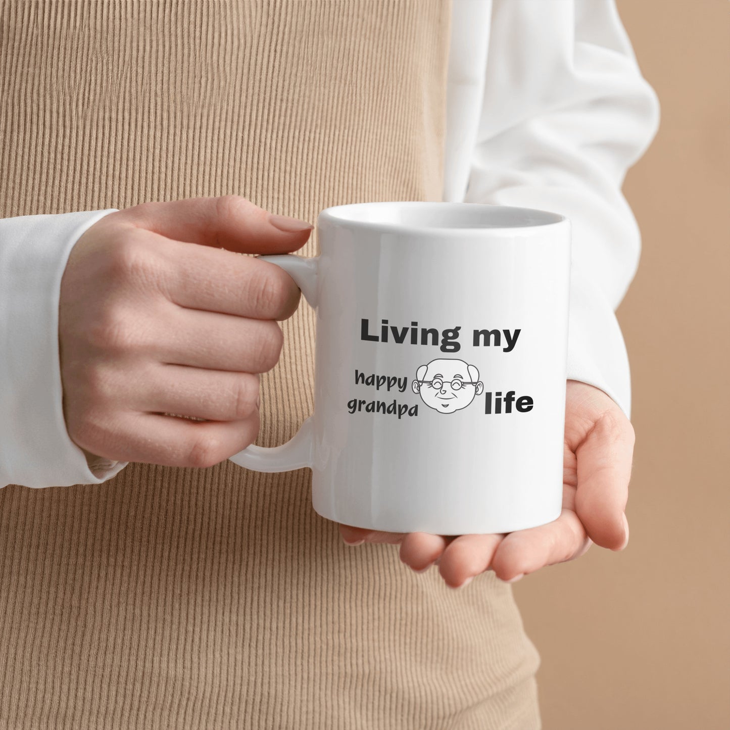 Let Joy in with this ceramic mug, "Living my happy grandpa life" - free shipping