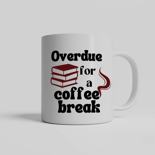 Witty pun ceramic coffee mug- Overdue for coffee break-Gift idea for librarian - Free shipping to USA