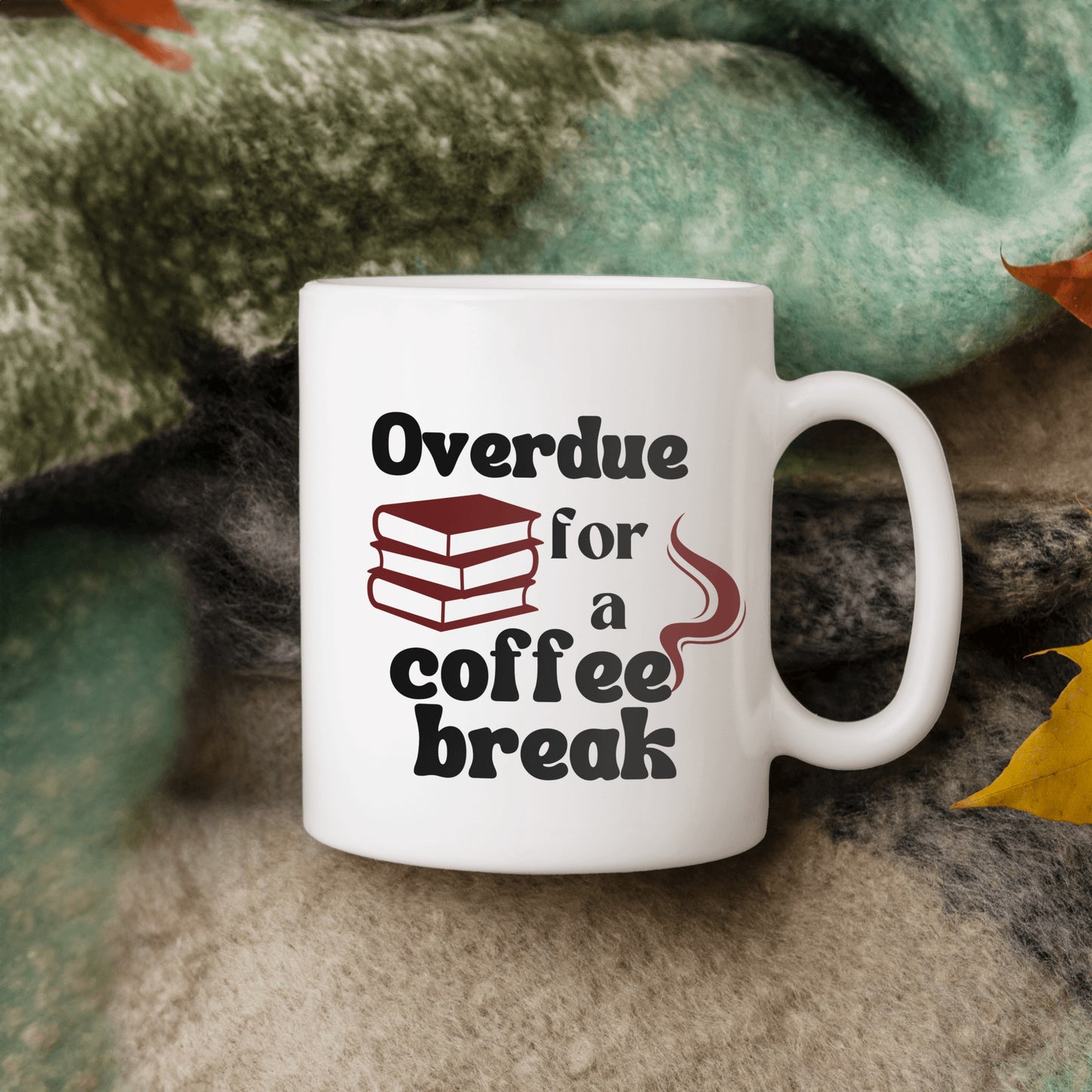 Witty pun ceramic coffee mug- Overdue for coffee break-Gift idea for librarian - Free shipping to USA