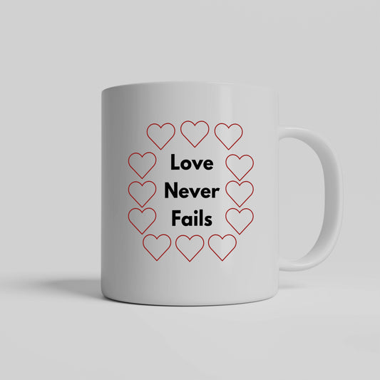 Lover never fails ceramic coffee mug - Inspirational gift idea for romantic occasions - Valentine, Bridal shower, Wedding, Anniversaries - free shipping USA