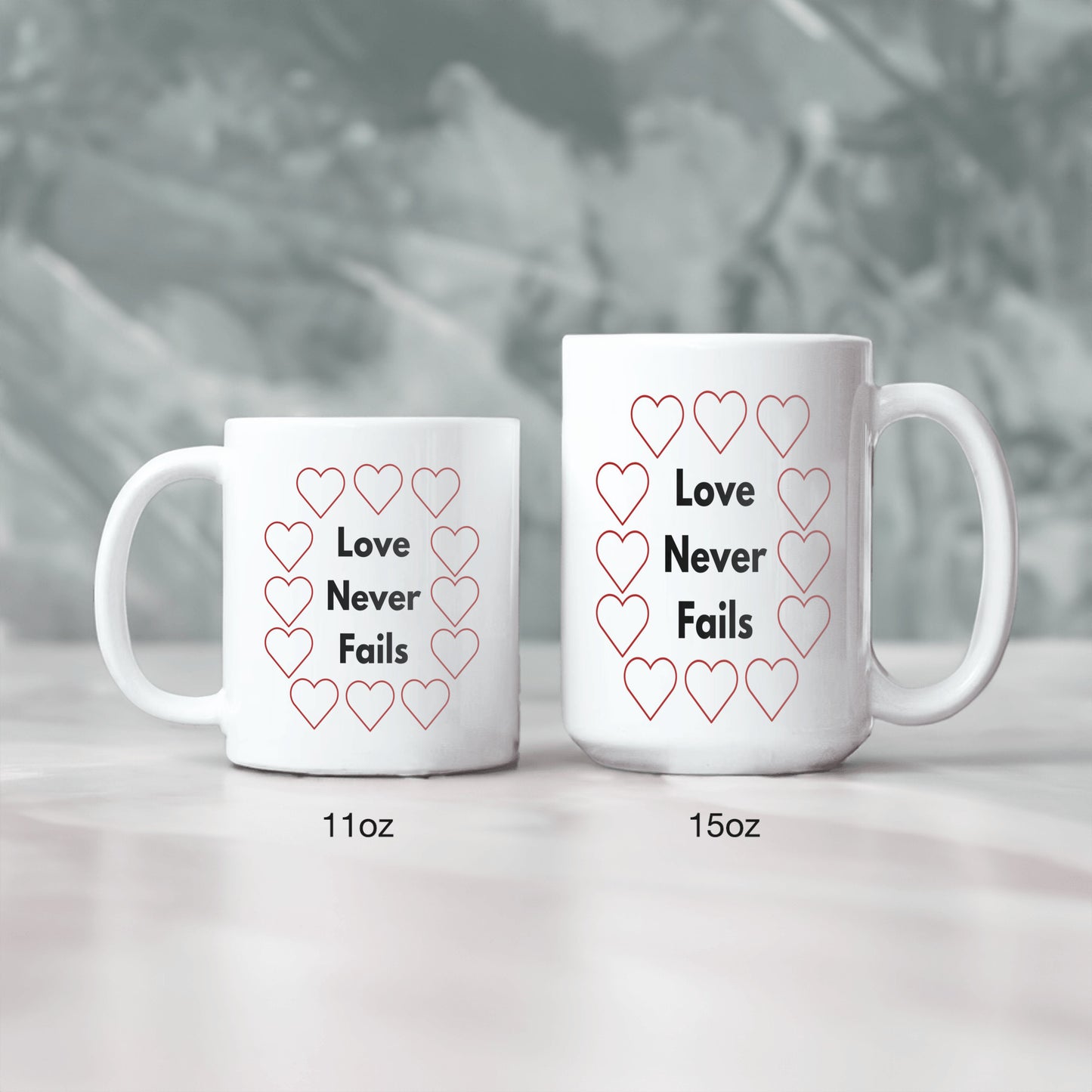 Lover never fails ceramic coffee mug - Inspirational gift idea for romantic occasions - Valentine, Bridal shower, Wedding, Anniversaries - free shipping USA